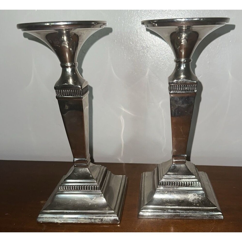 Kohl's Brushed Nickled Set of 2 Square Base Candle Holders Tall 9.5x4.5
